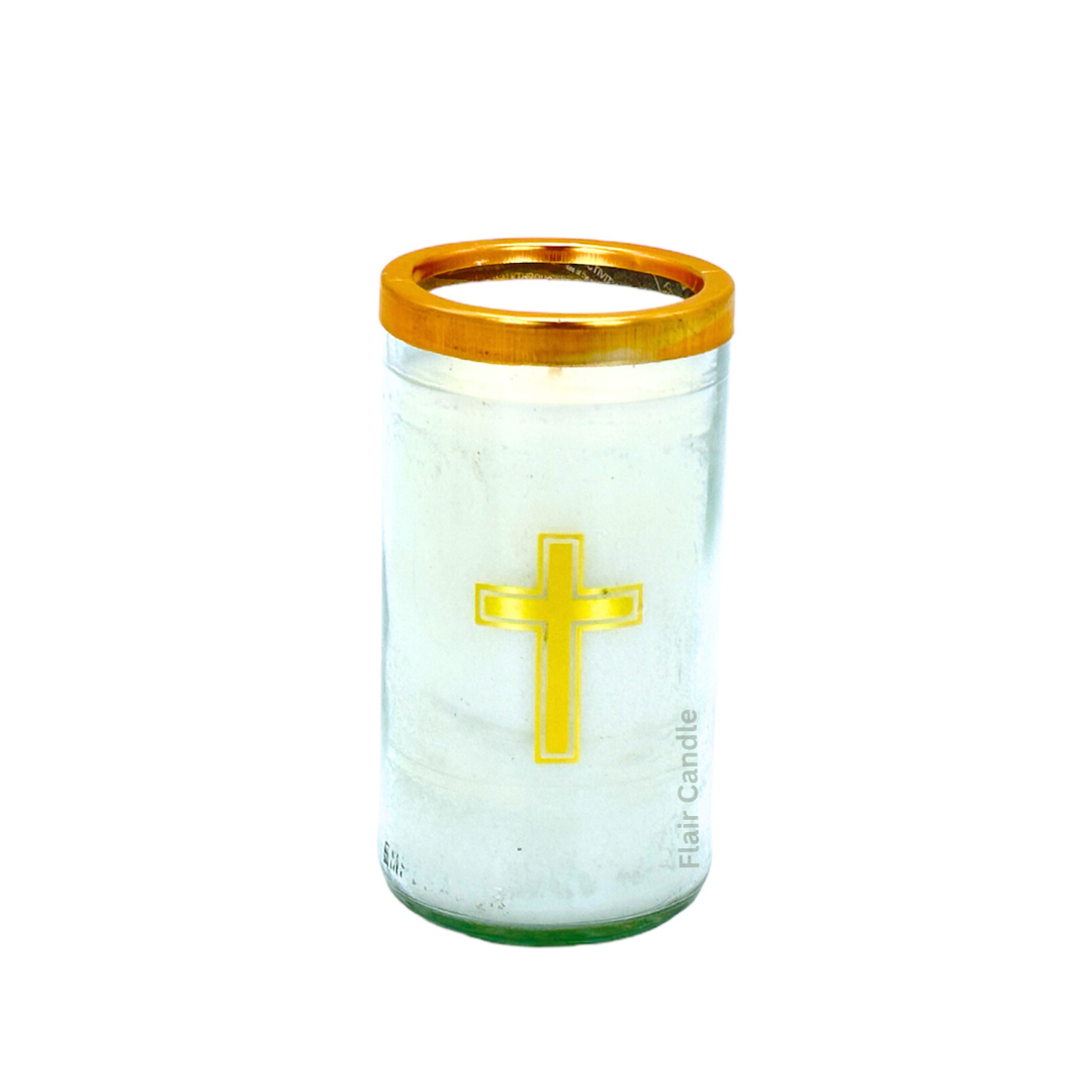 Flair Smokeless Small Glass Candle with Colored Lid and Cross Sticker 12cm Tall