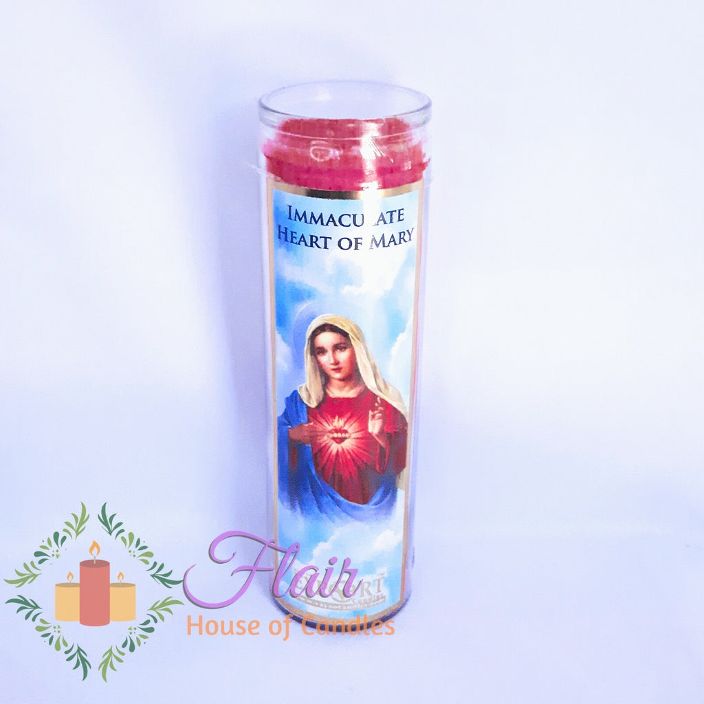 Immaculate Heart of Mary Long Glass Candle 21cm Tall