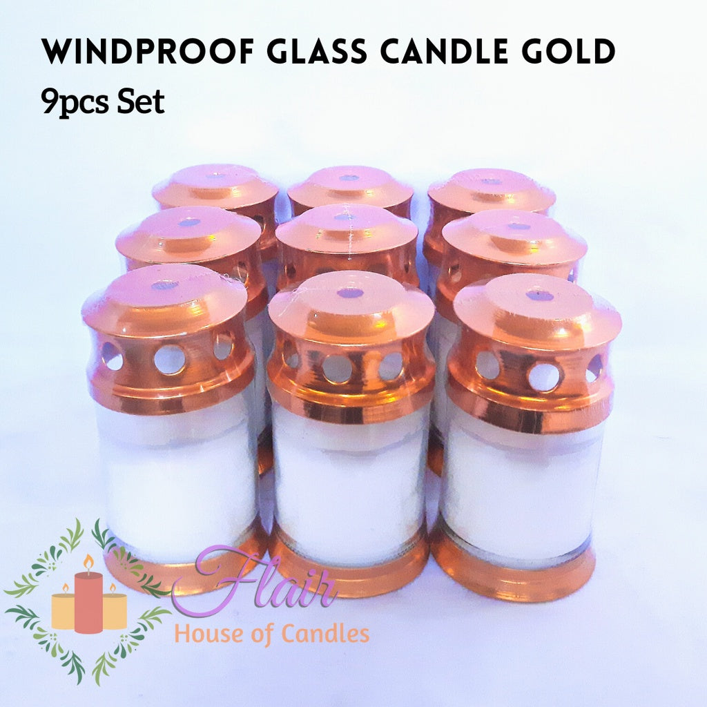 Flair 9pcs Set GC35 Windproof Gold Glass Candle with Cross Sticker 10.9cm Tall