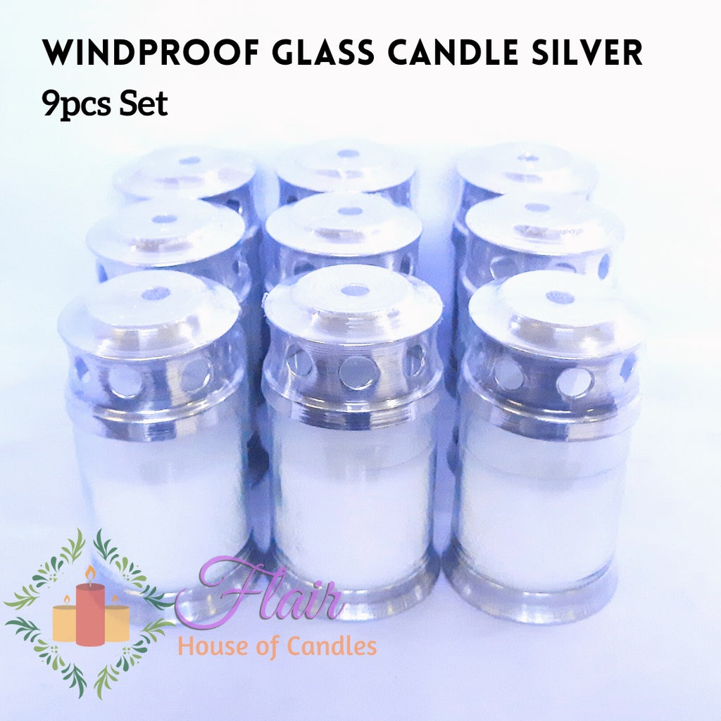 Flair 9pcs Set GC35 Windproof Silver Glass Candle with Cross Sticker 10.9cm Tall