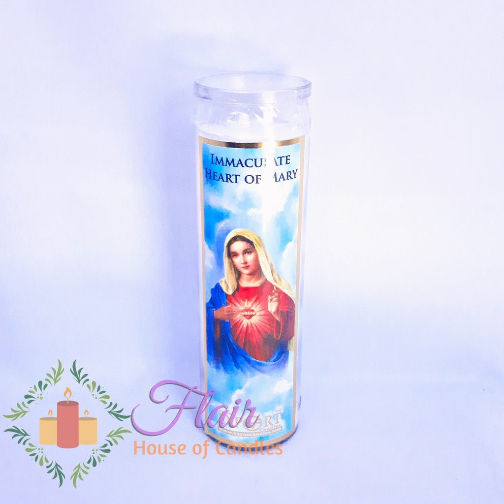 Immaculate Heart of Mary Long Glass Candle 21cm Tall