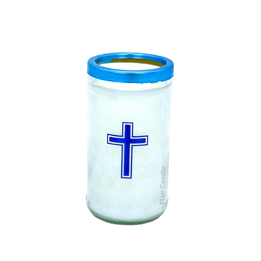 Flair Smokeless Small Glass Candle with Colored Lid and Cross Sticker 12cm Tall