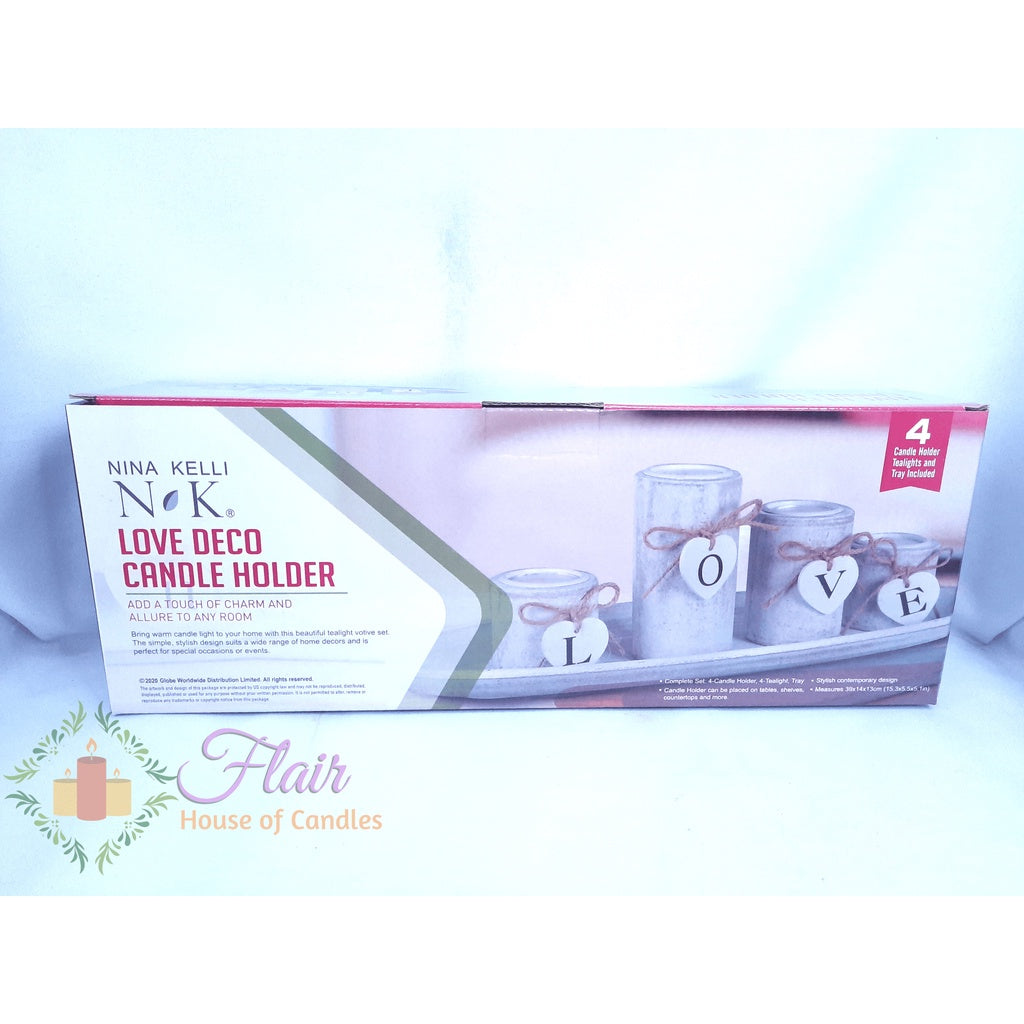 NINA KELLI Love Decorative Candle Holder w/ 4 Tealight Candles and Tray included