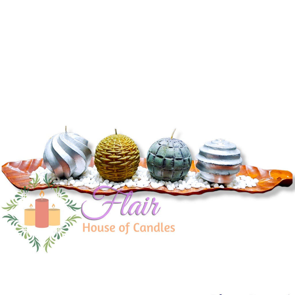 Flair 4pcs Set Elegant Decorative Ball Candles with Wooden Tray