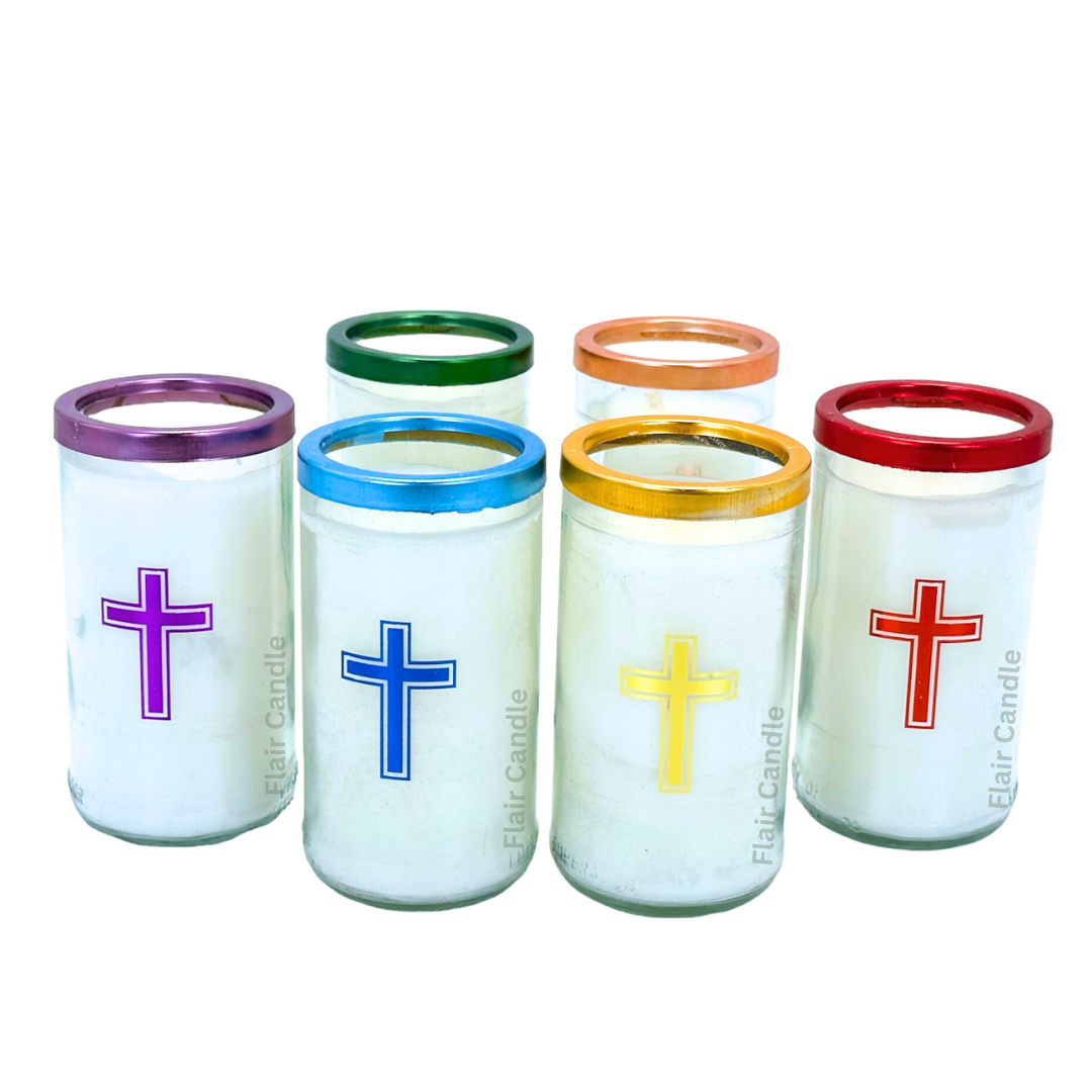 Flair Smokeless Small Glass Candle with Colored Lid and Cross Sticker 12cm Tall