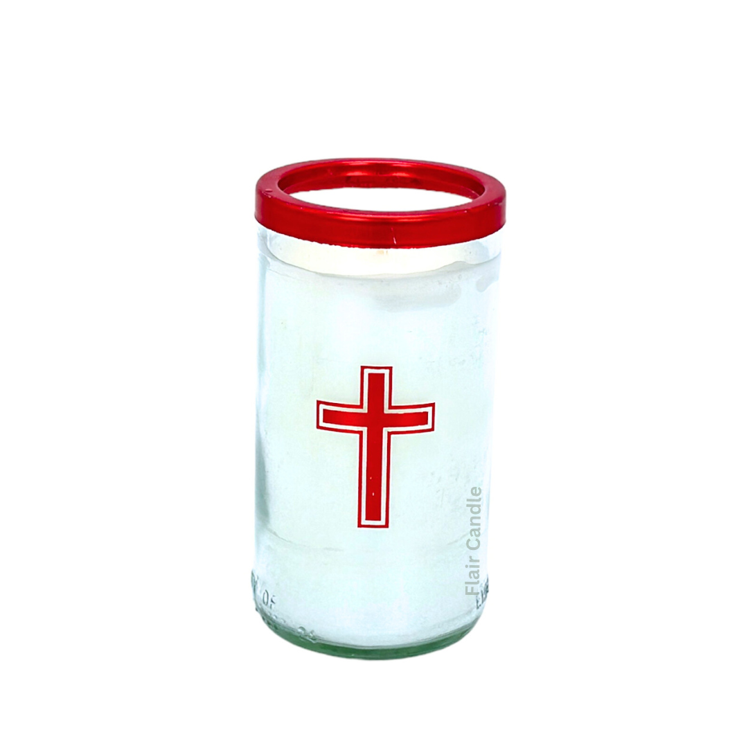 Flair Smokeless Small Glass Candle with Colored Lid and Cross Sticker 12cm Tall