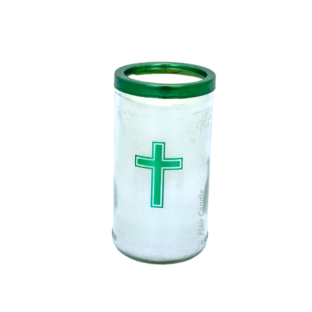 Flair Smokeless Small Glass Candle with Colored Lid and Cross Sticker 12cm Tall