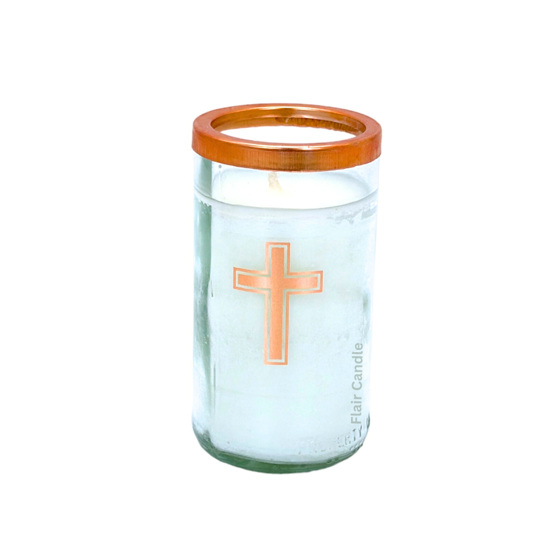 Flair Smokeless Small Glass Candle with Colored Lid and Cross Sticker 12cm Tall