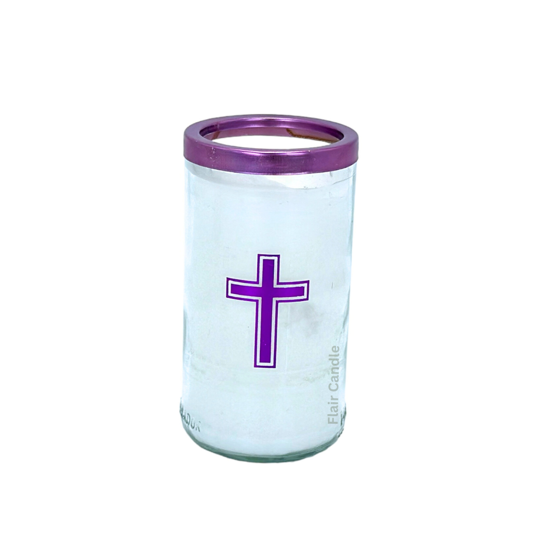 Flair Smokeless Small Glass Candle with Colored Lid and Cross Sticker 12cm Tall