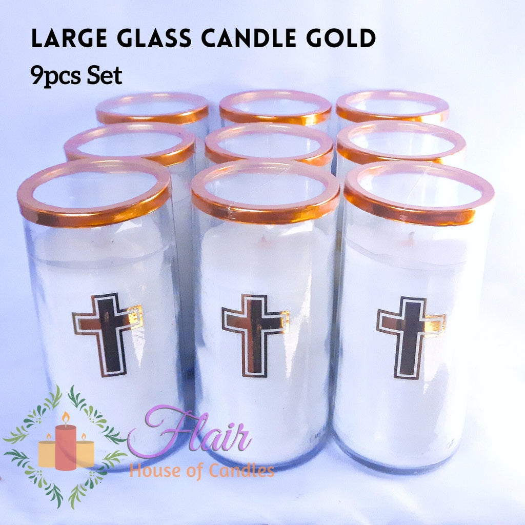Flair 9pcs Set GC85 Gold Large Glass Candle with Cross Sticker 16cm Tall