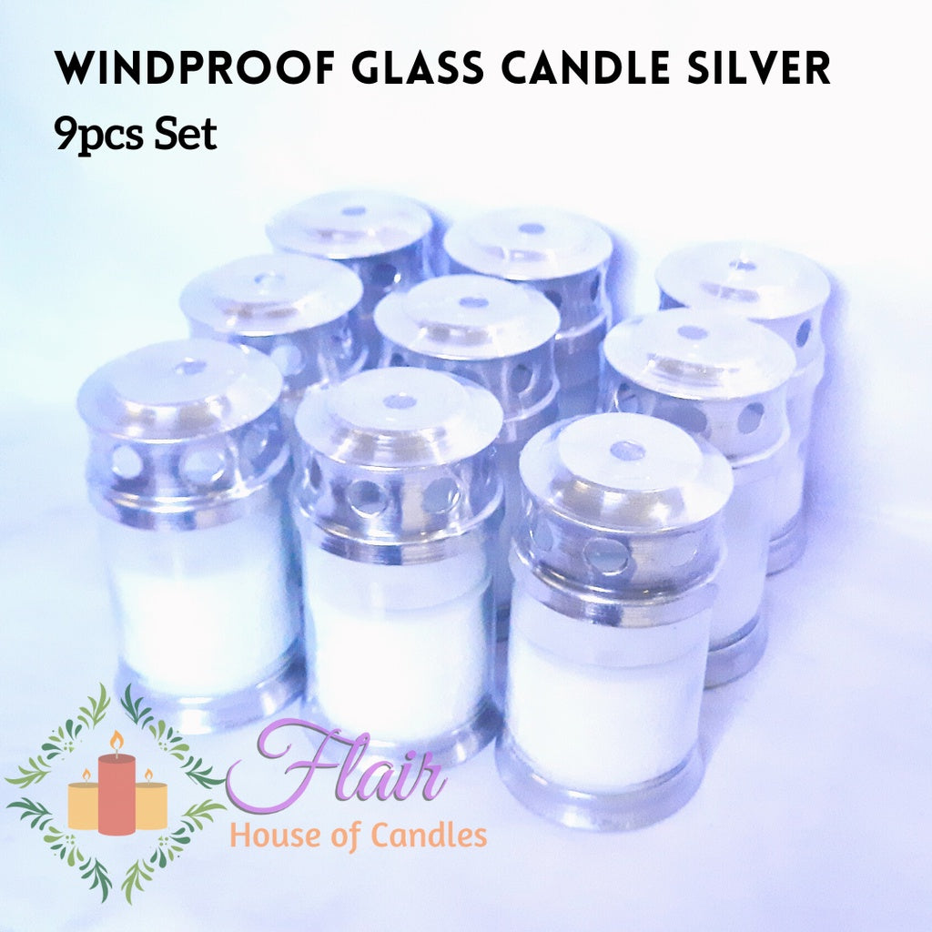 Flair 9pcs Set GC35 Windproof Silver Glass Candle with Cross Sticker 10.9cm Tall