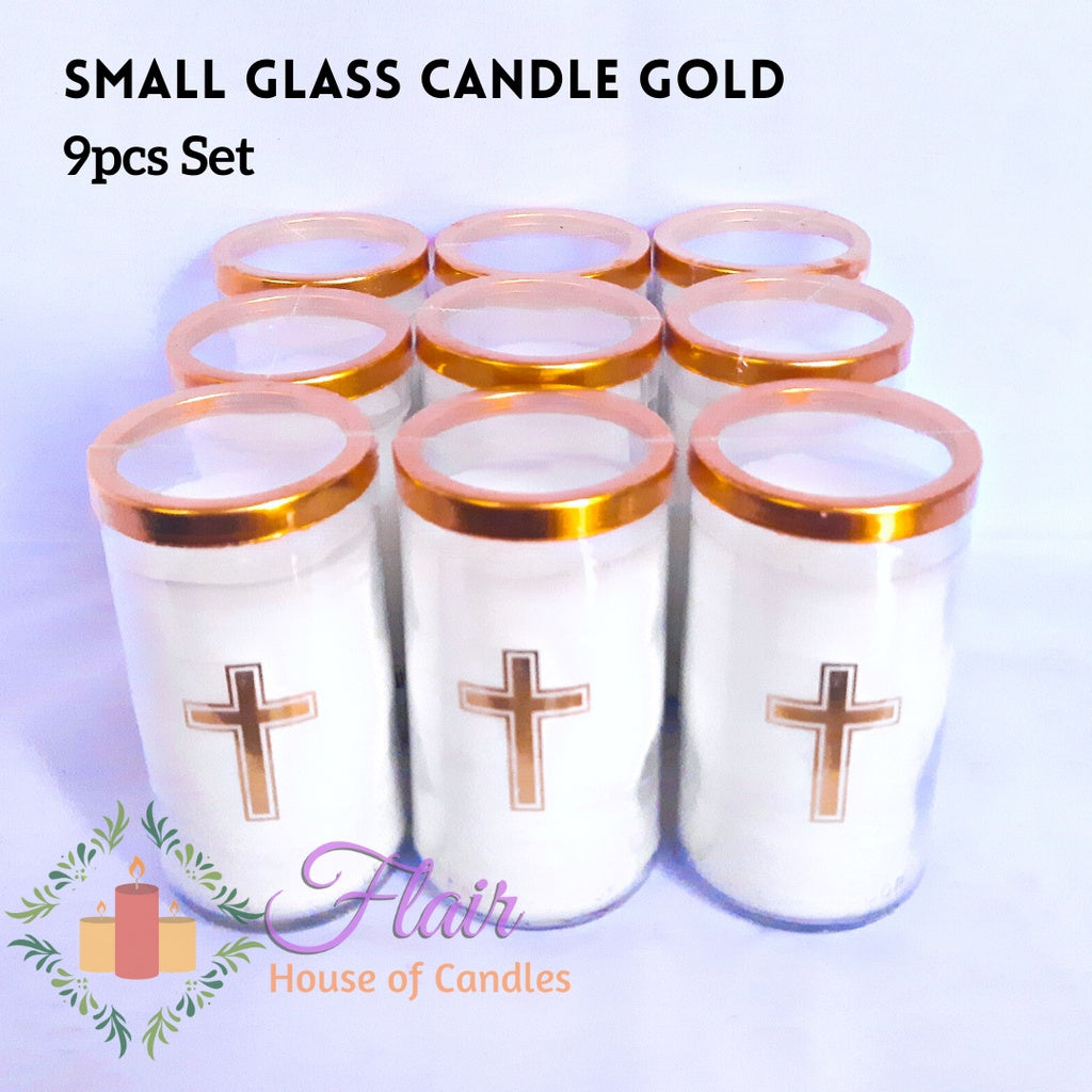 Flair 9pcs Set Gold Small Glass Candle with Cross Sticker 12cm Tall